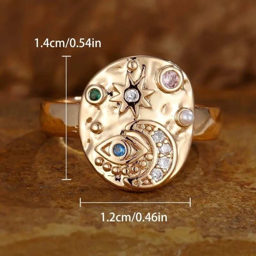 Celestial Ring Star Moon Evil Eye Gold Tone Statement Ring Band Size 6 - Picture 3 of 3